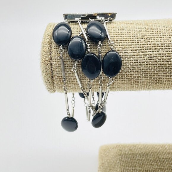 Multi Strand Silver Tone Bracelet Black Oval Cabochon Beads Statement Layered - Picture 8 of 8